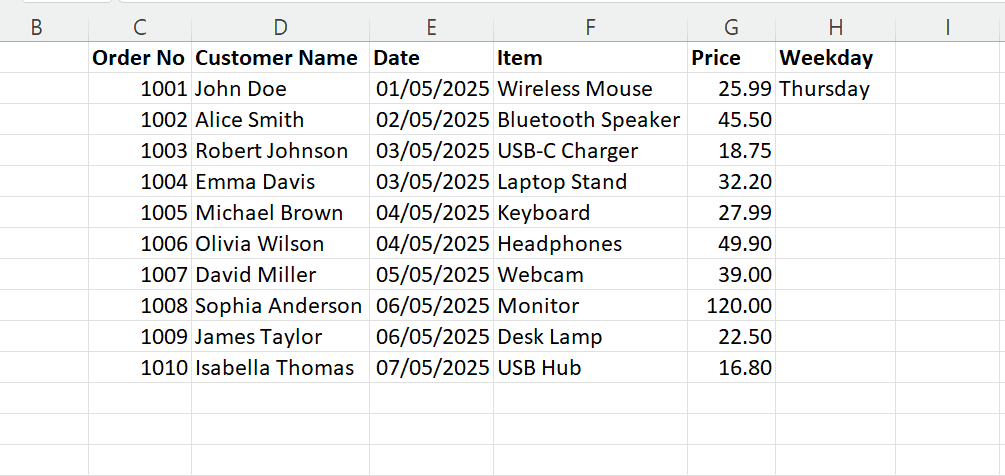 Using Excel Fill Handle to AutoFill weekdays.