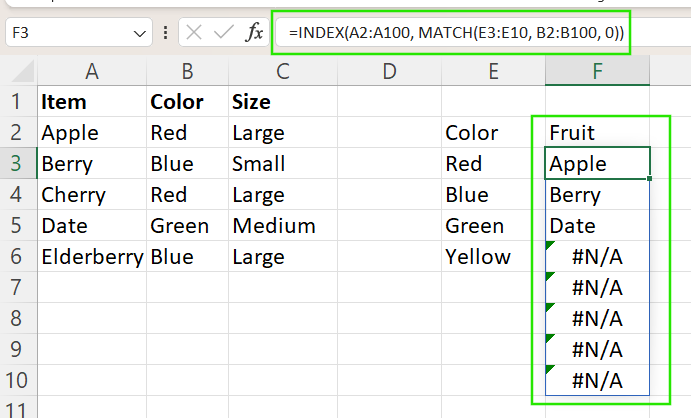 Using INDEX MATCH to spill range