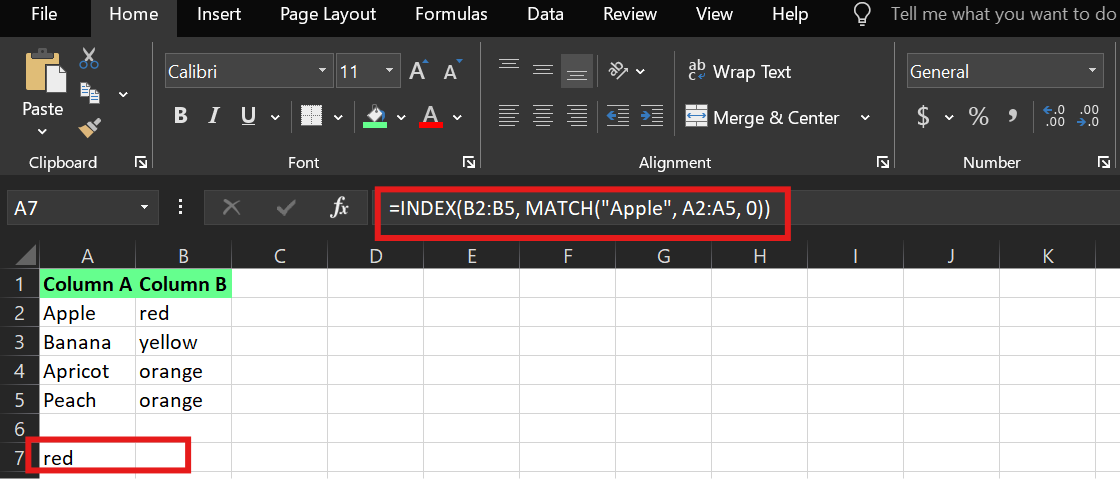 INDEX MATCH Ergebnis, bevor eine Spalte zwischen A und B eingefügt wird.