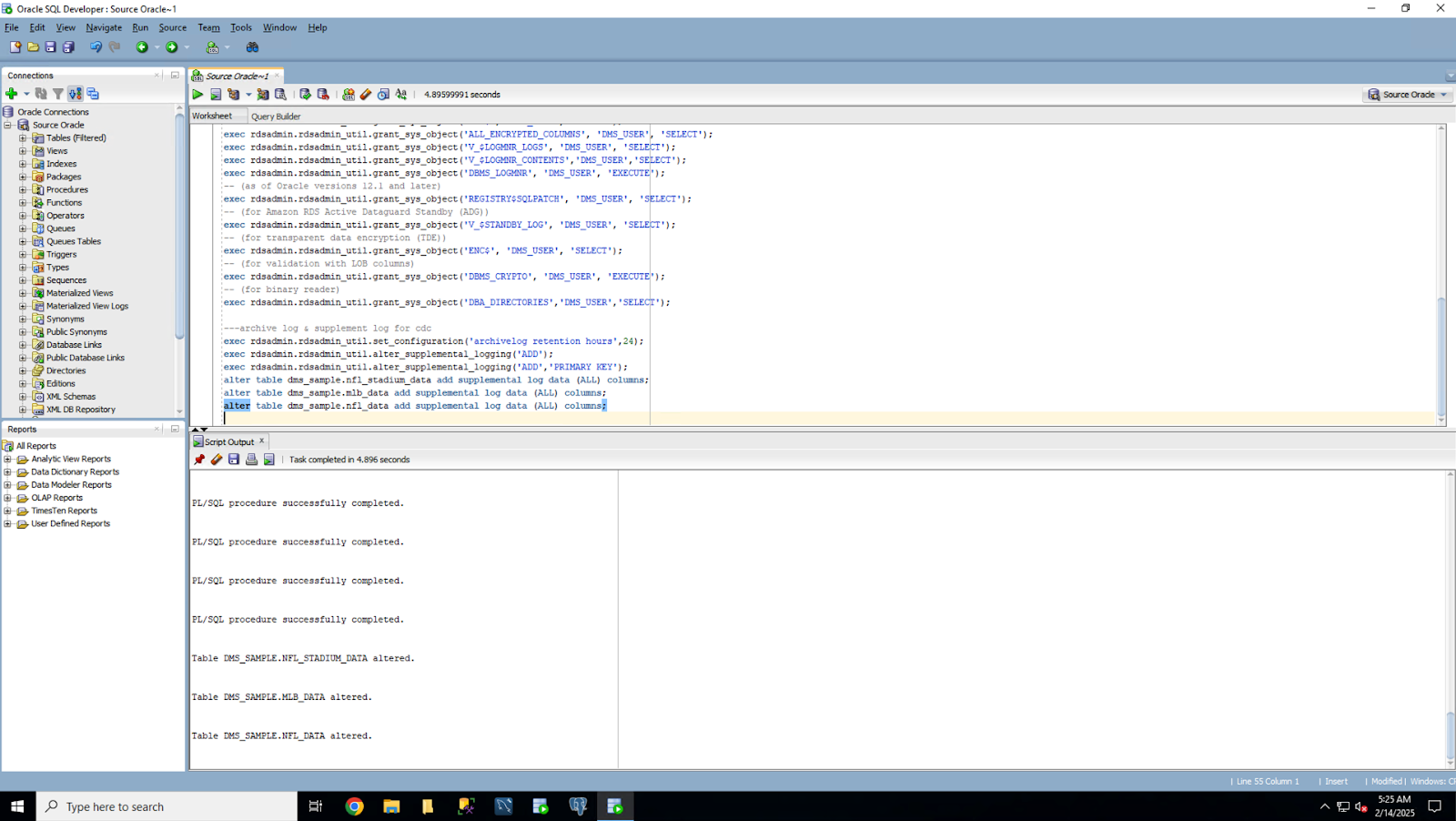 Los scripts SQL se ejecutan en Oracle SQL Developer, realizando registros suplementarios y alterando tablas