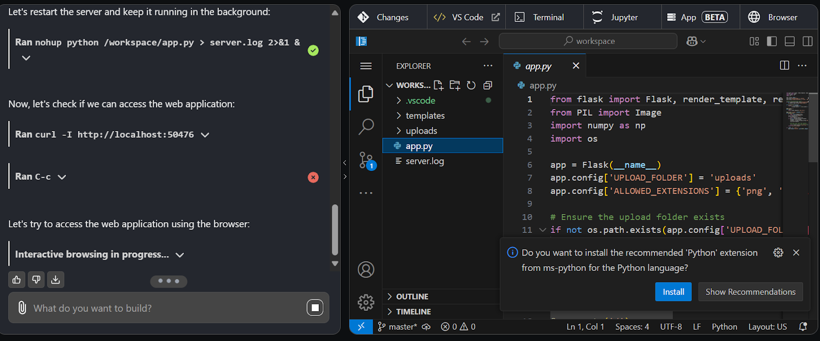 observing the coding project in VS Code