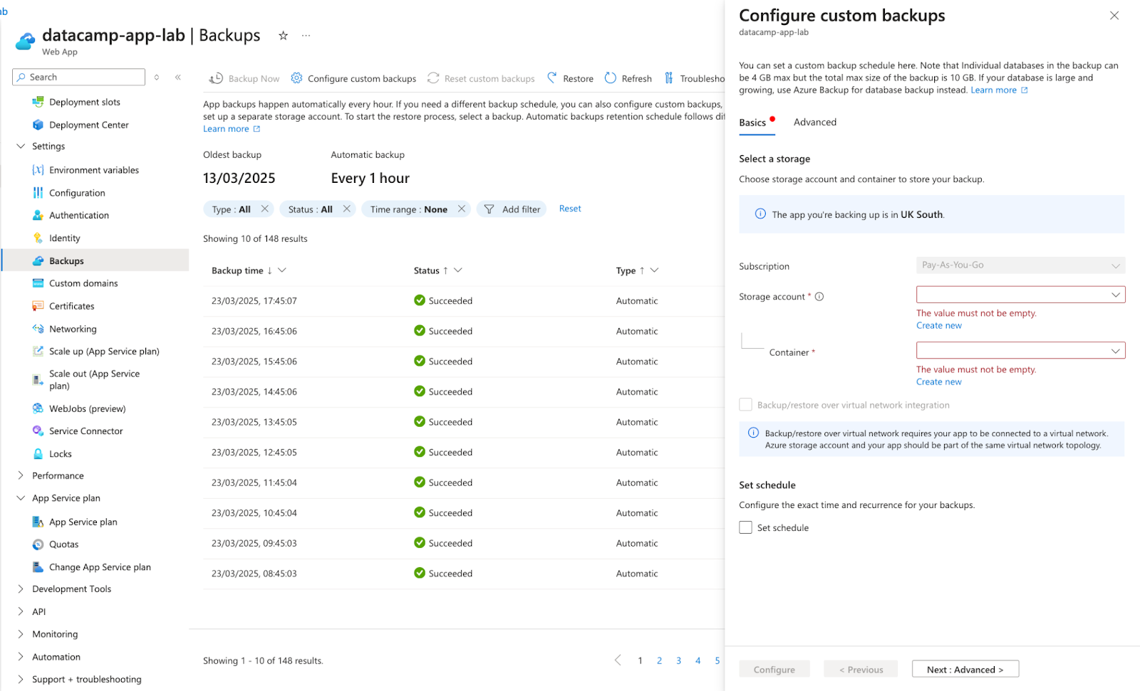 Configuração e visualização de backups no serviço de aplicativos do Azure.