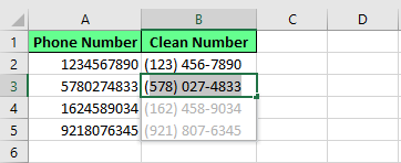 Formatear los números de teléfono utilizando Flash Fill en Excel.
