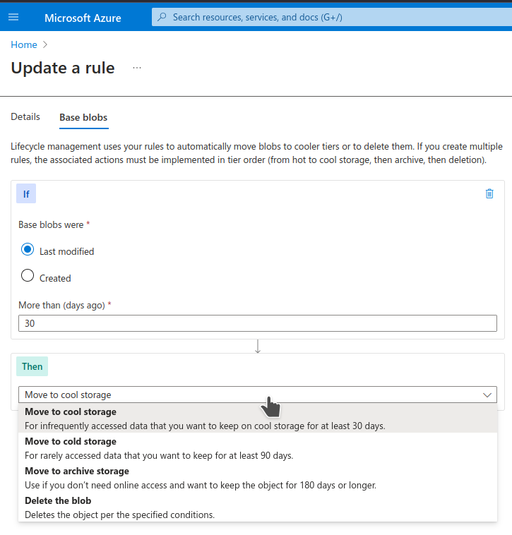 Azure blob storage update lifecycle management rule