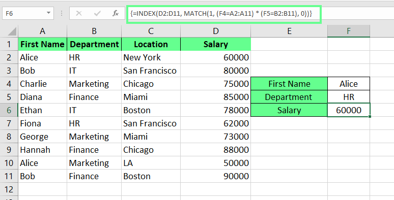 Array INDEX MATCH avec plusieurs critères dans Excel