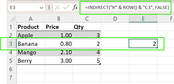 Using INDIRECT() with ROW() and COLUMN() in Excel.