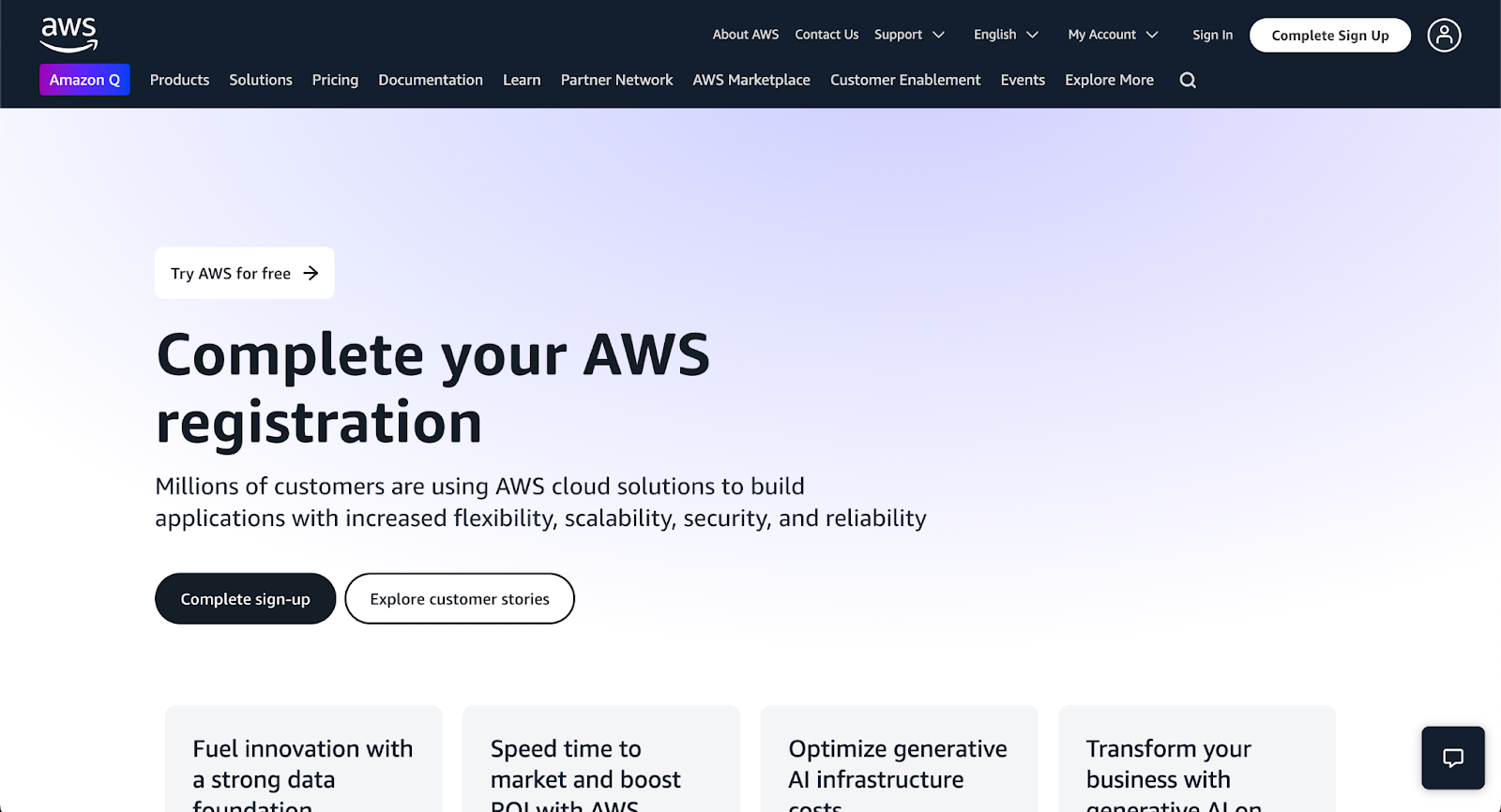 La page d'accueil du site AWS.
