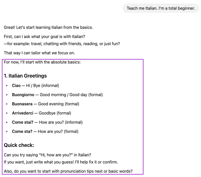 Captura de tela da resposta do modo de estudo do ChatGPT para aprender italiano.