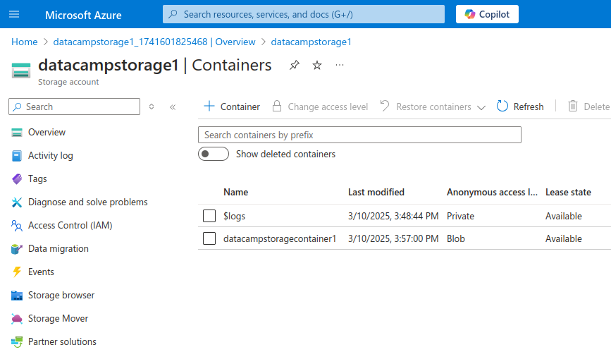 Azure Storage Containers page