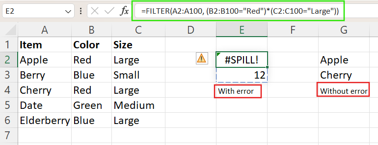 Using Excel FILTER() function for spill range