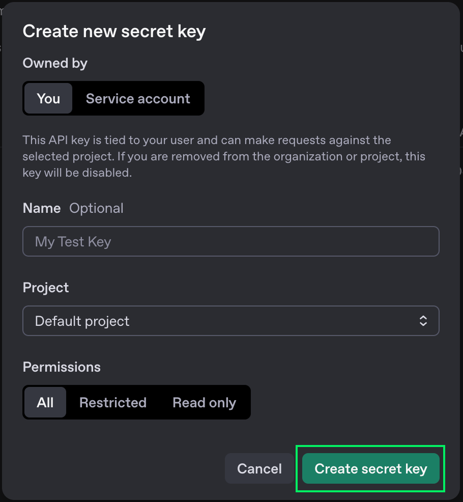 Formulário de criação de chave para a API da OpenAI