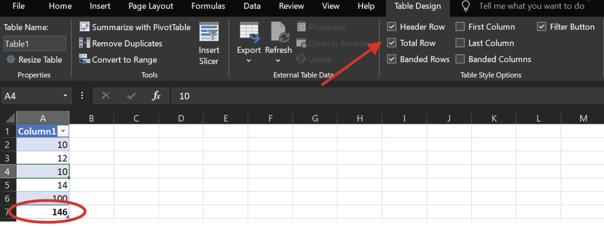 Total Row in Table Design In Excel