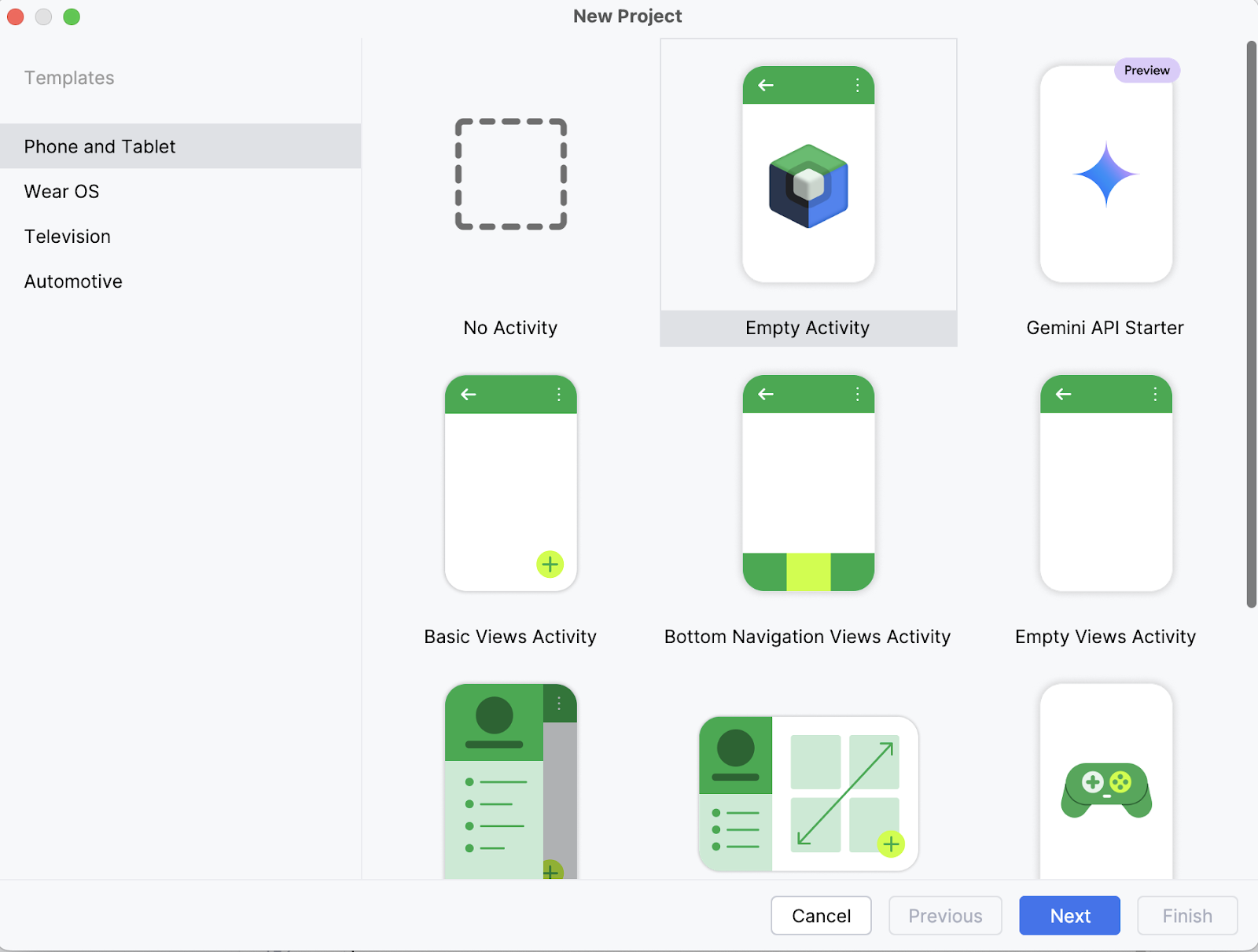 Android Studio New Project window for running gemma 3 270M