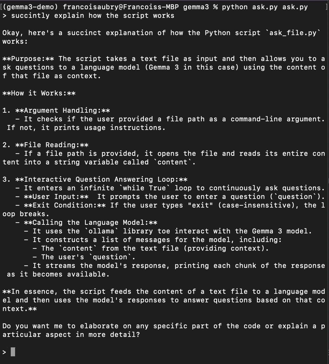 Utilizar el script para utilizar Gemma 3 localmente como asistente de archivos