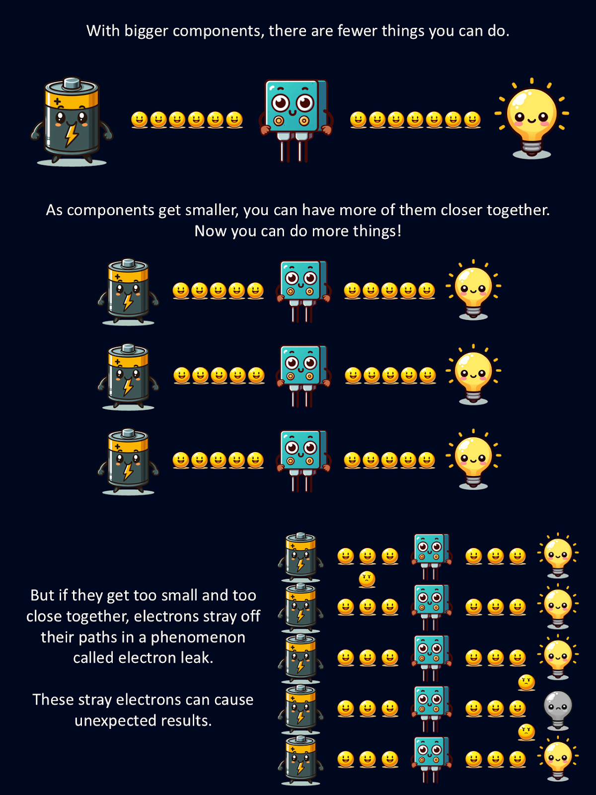 Le graphique est une explication très simplifiée d'un problème lié à la miniaturisation des transistors et d'autres composants : la fuite d'électrons. Copilot a fourni la première ébauche des images de la bande dessinée.