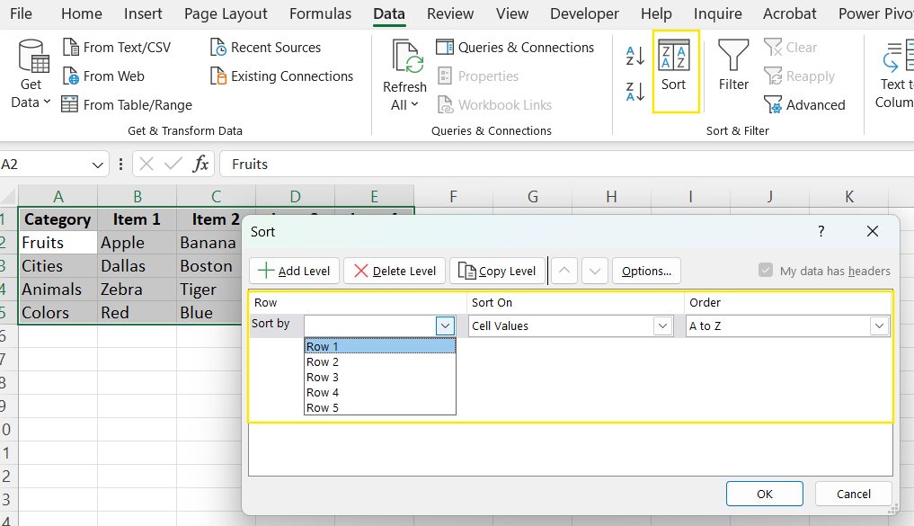 Das Dialogfeld "Sortieren" verwenden, um Zeilen in Excel alphabetisch zu sortieren.