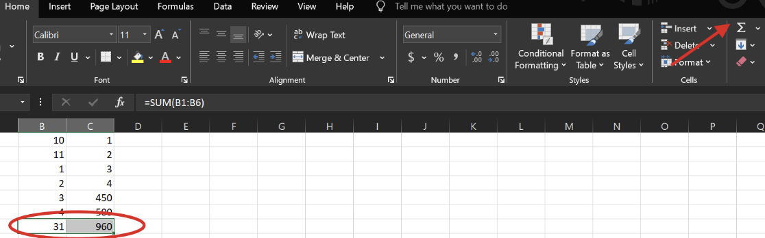 AutoSum Example in Excel