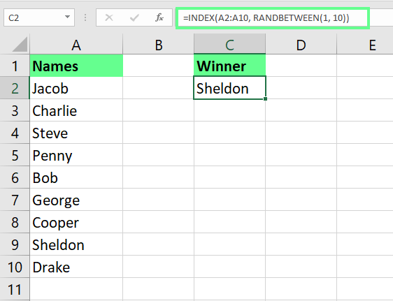 Wähle mit der Funktion RANDBETWEEN in Excel einen zufälligen Namen aus einer Liste aus.