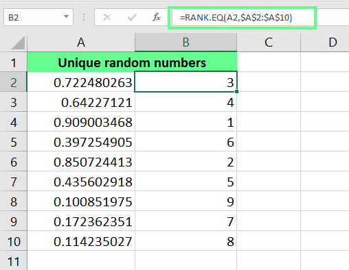 Erzeuge einzigartige Zufallszahlen mit RANK.EQ und RAND in Excel.