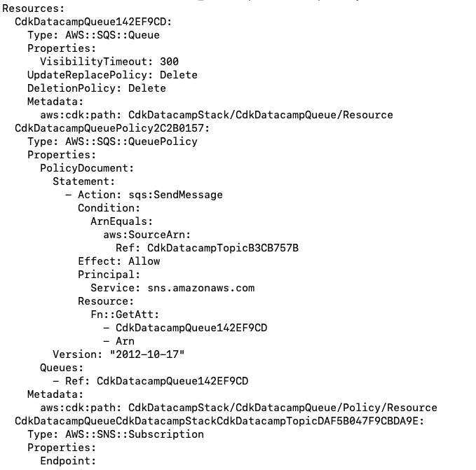 plantilla sintetizada de AWS CloudFormation con recursos que incluyen una cola SQS, una política de cola que permite a SNS enviar mensajes y un recurso de suscripción SNS que hace referencia a la cola.