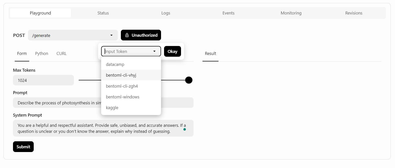 BentoCloud Dashboards "Einsätze" > "Spielplatz" API-Schlüssel einrichten.