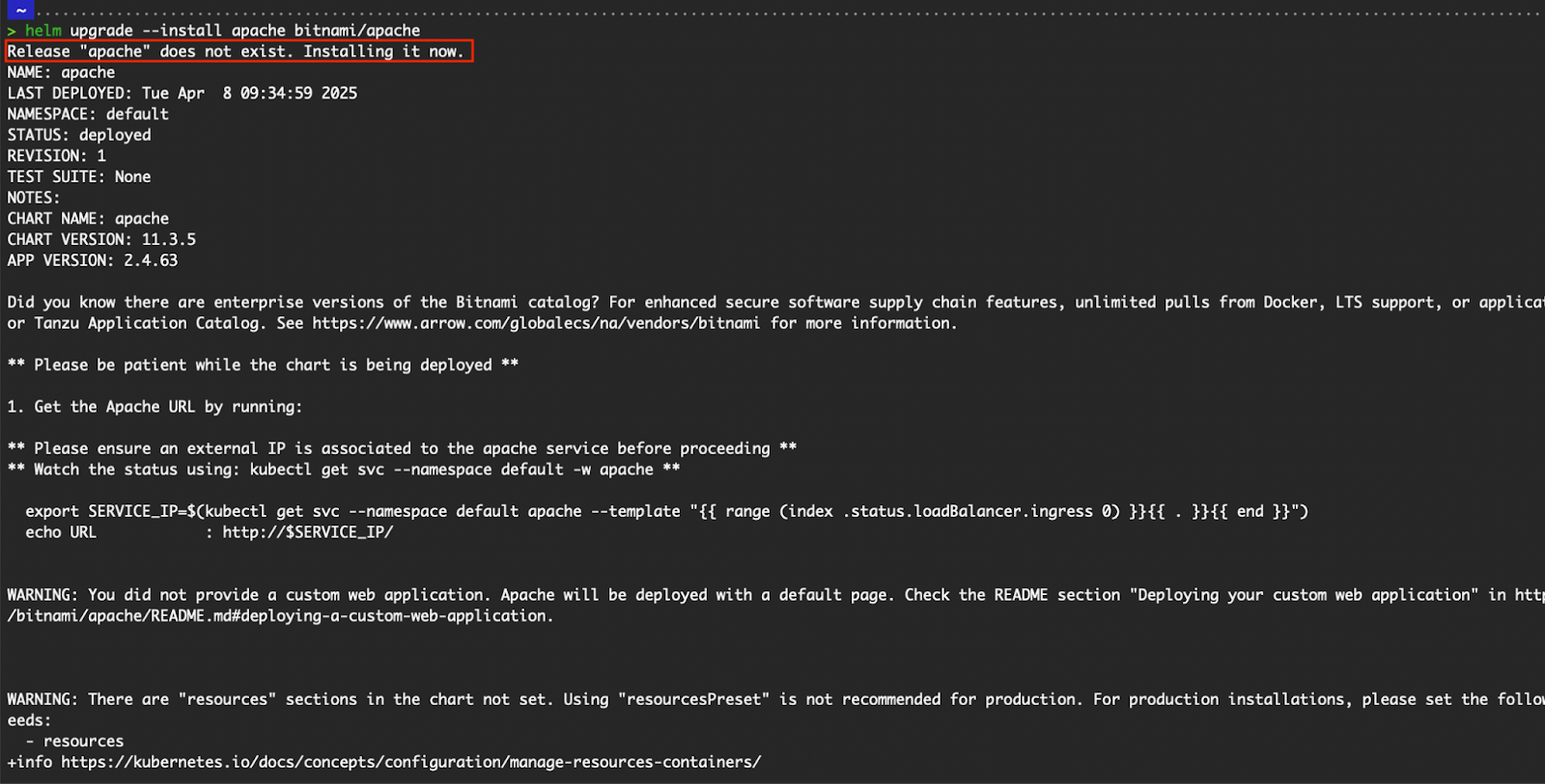 Saída do helm upgrade --install apache