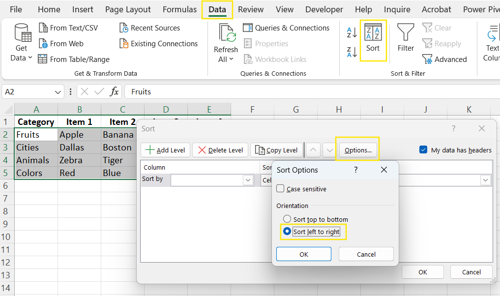 Das Dialogfeld "Sortieren" verwenden, um Zeilen in Excel alphabetisch zu sortieren.