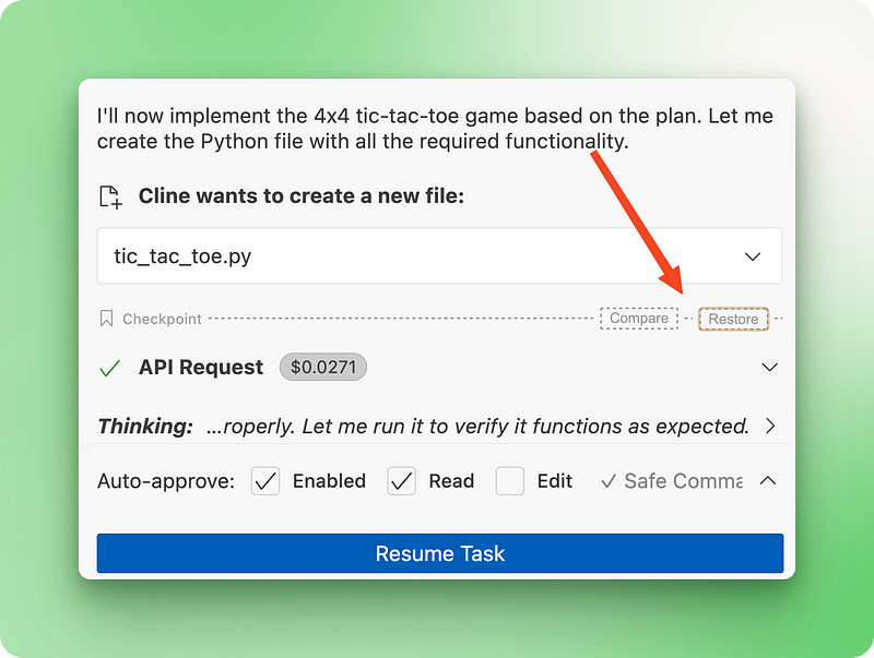 Cline's checkpoint restoration interface showing granular options to restore files, tasks, or both with detailed version history