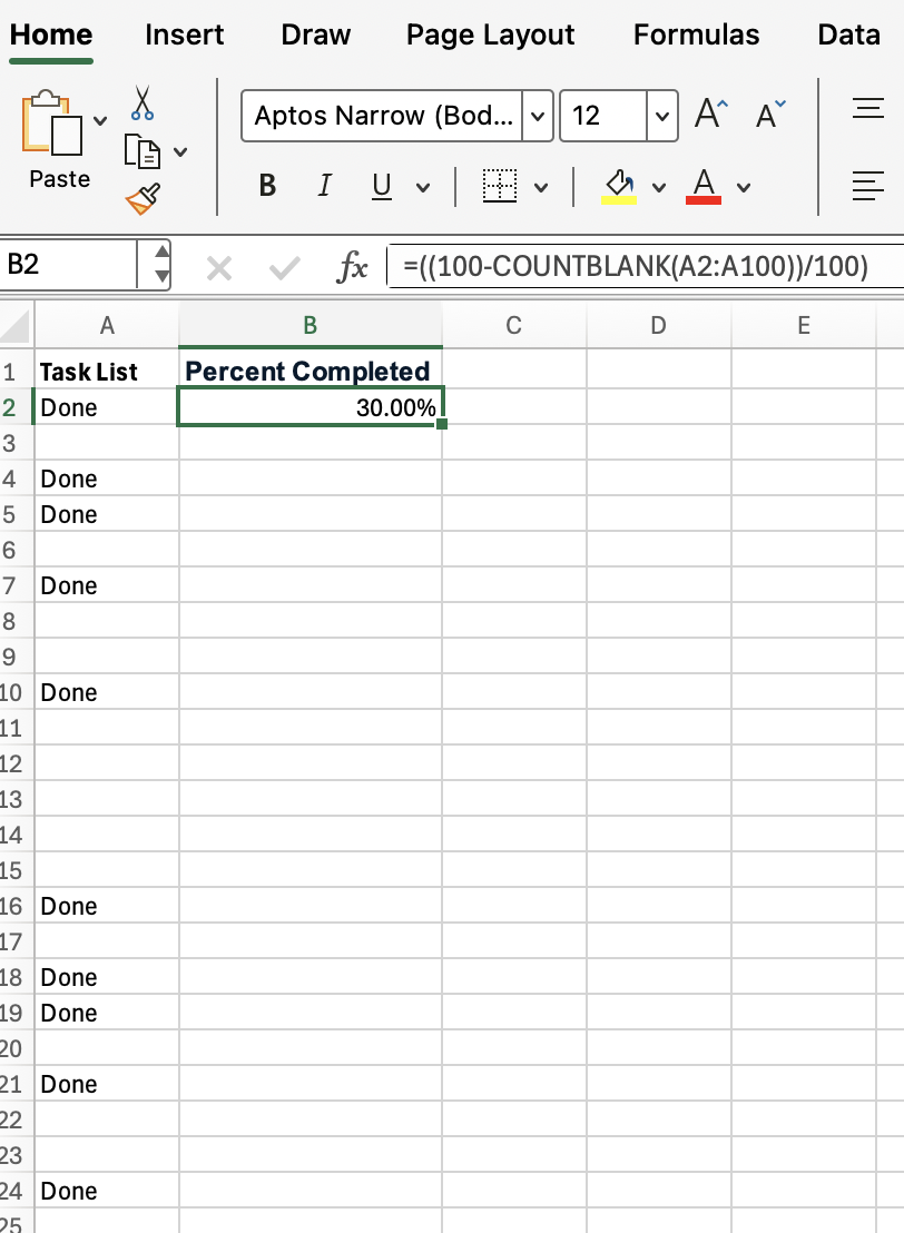 Cálculo da taxa de conclusão com o Excel COUNTBLANK