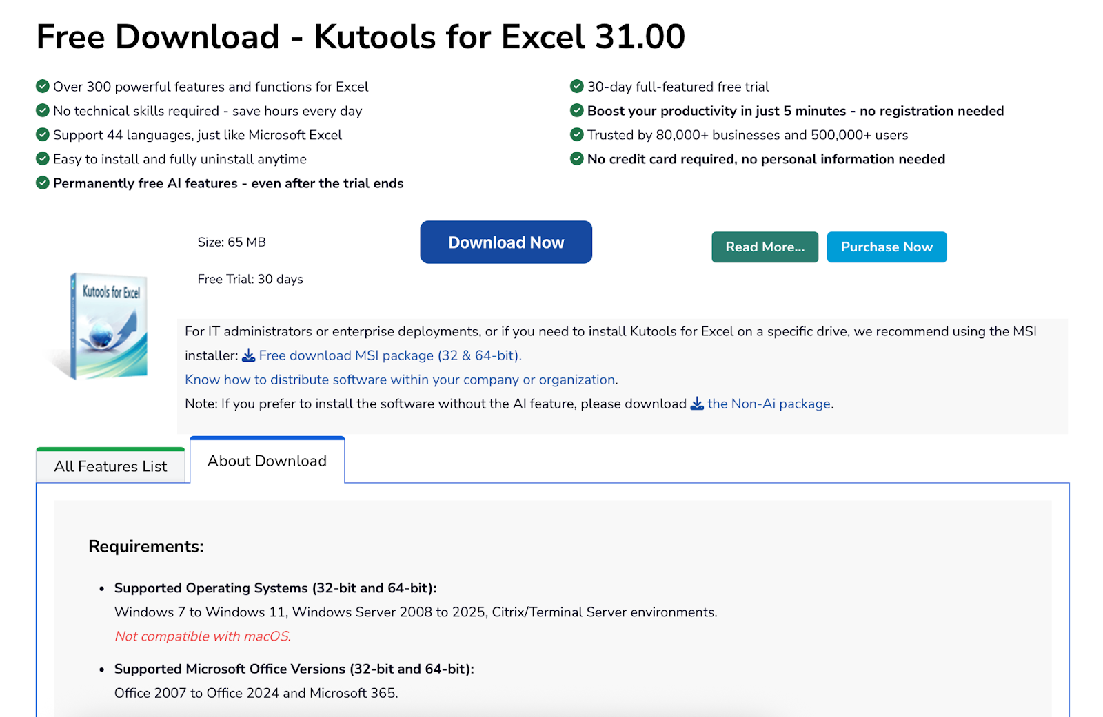 Kutools for Excel download page with system requirements