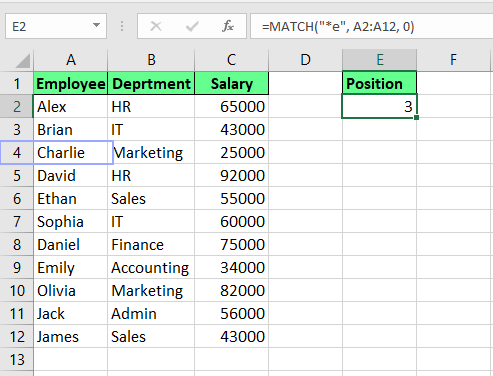 Finding the position using wildcards in Excel.