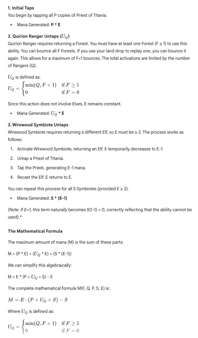 Detailed explanation of the mathematical process for maximizing mana generation using formulas for tapping and untapping strategies in a game with elements like Priest of Titania and Wirewood Symbiote.