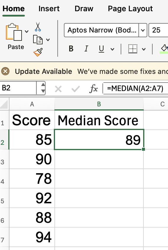 How to find the median in Excel with odd number of items