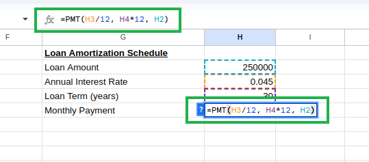 Calculating loan monthly payment using PMT().