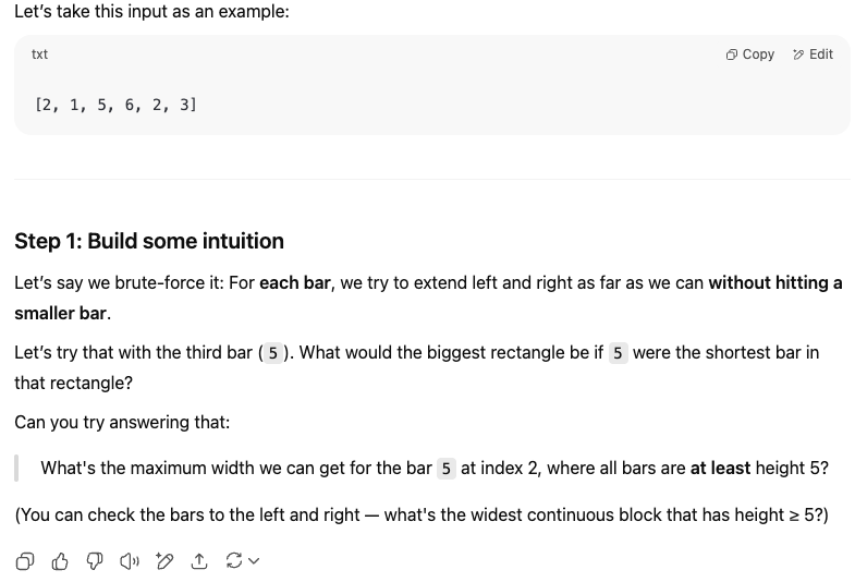 Captura de tela mostrando uma abordagem para resolver um problema do LeetCode usando o Modo de Estudo do ChatGPT. A matriz de entrada é [2, 1, 5, 6, 2, 3], e o processo envolve desenvolver a intuição estendendo barras para encontrar o maior retângulo sem tocar em uma barra menor.