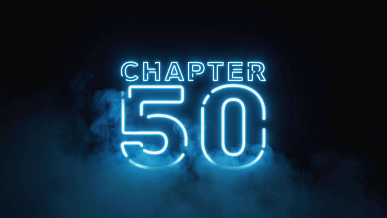 Texto em azul neon “CAPÍTULO 50” brilhando contra um fundo escuro com efeito de fumaça nebulosa.