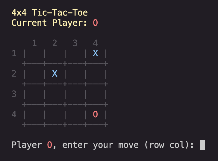 Jeu de morpion 4x4 développé avec Kiro IDE, présentant une interface de terminal épurée et un positionnement spatial précis.