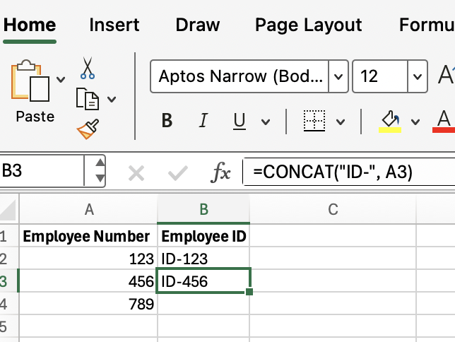 Incorporação de constantes e formatação com o CONCAT do Excel