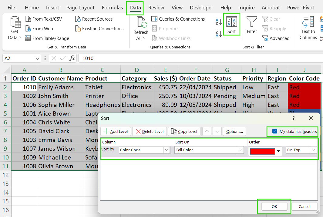 Tri par couleur de cellule dans Excel.