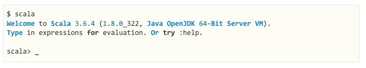 An image showing the interface of the Scala REPL indicating the version of Scala used and waiting for the user to type.