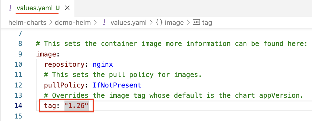 Atualize image.tag de "" para "1.26" em values.yaml