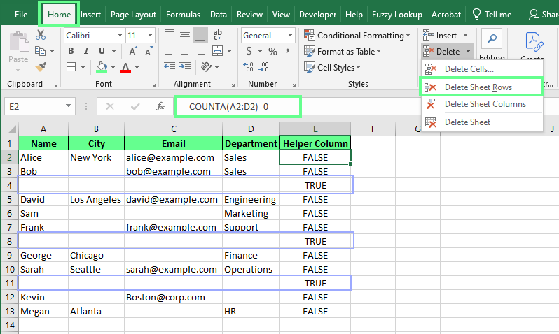 Excluindo linhas em branco inteiras usando a função COUNTA() no Excel.