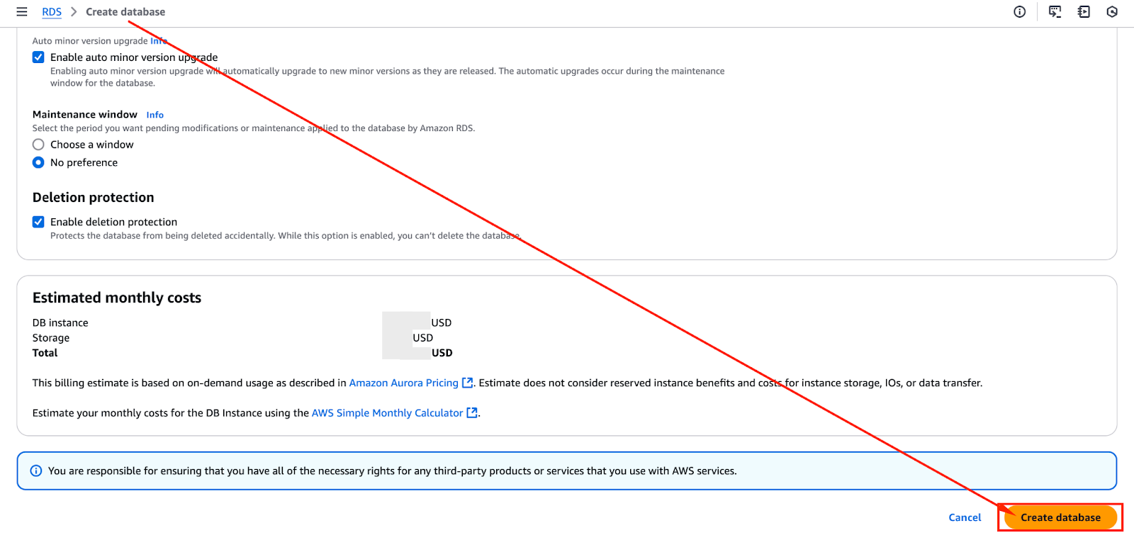 Captura de tela do console do AWS RDS com o botão "Criar banco de dados".
