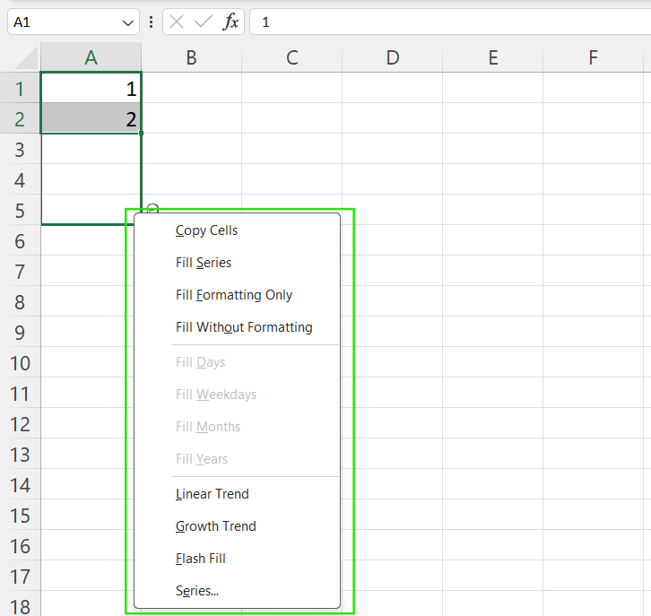 Excel AutoFill Options for numbers.