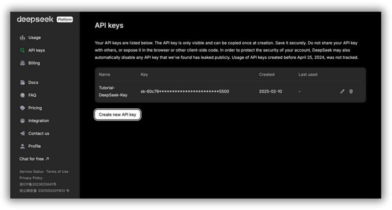 DeepSeek Platform - API Key generation