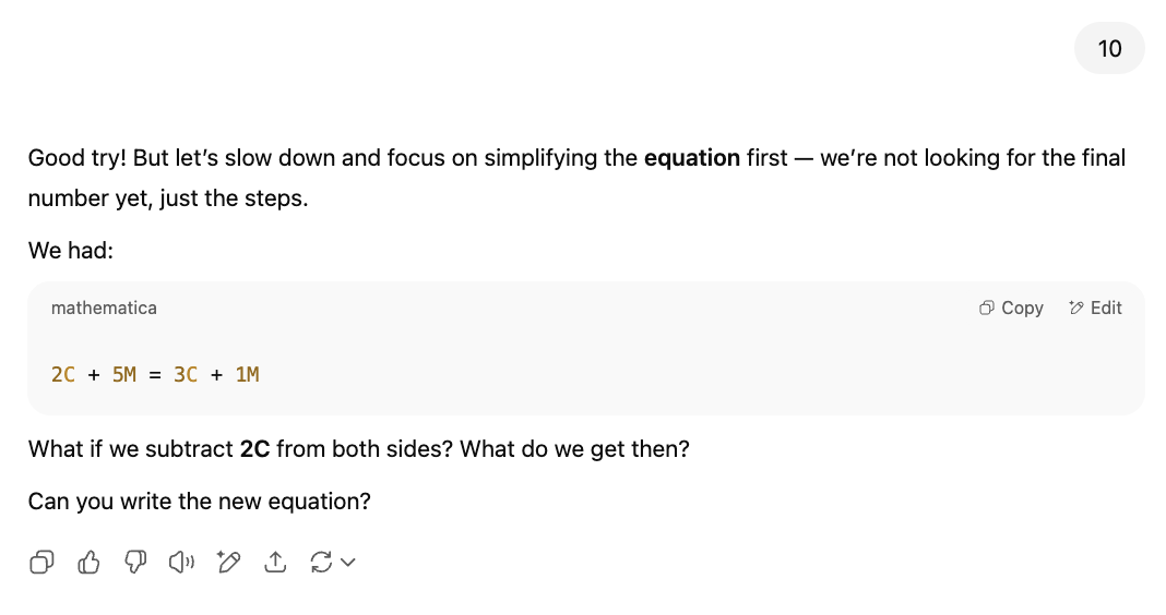 A interface do ChatGPT mostrando um processo de simplificação de equações com orientações sobre como subtrair termos, com foco na resolução passo a passo de problemas em tarefas de matemática.