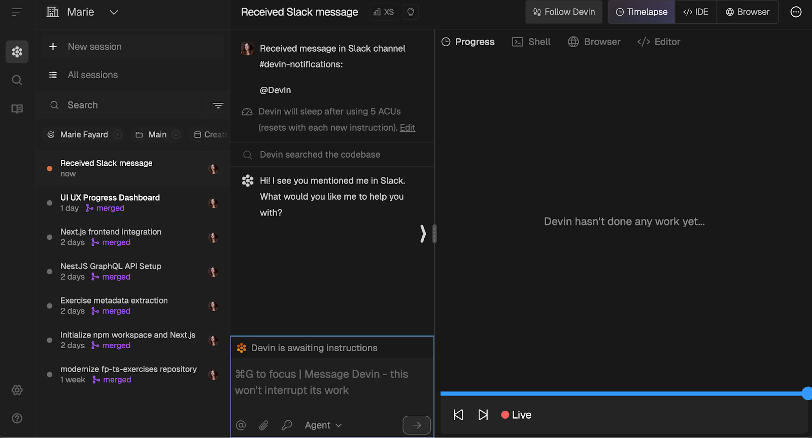 Devin inicia uma sessão na interface do usuário
