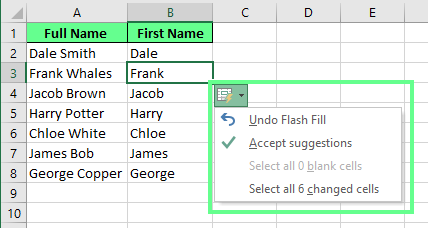 Opciones de Relleno Flash de Excel.