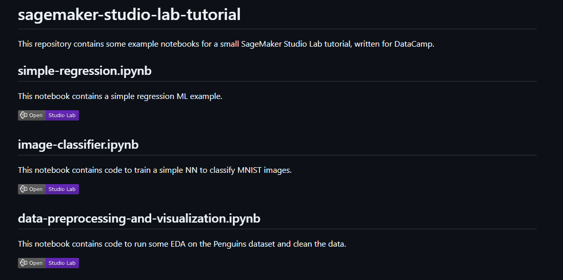 Screenshot der README-Datei mit Open in Studio Lab-Badges.