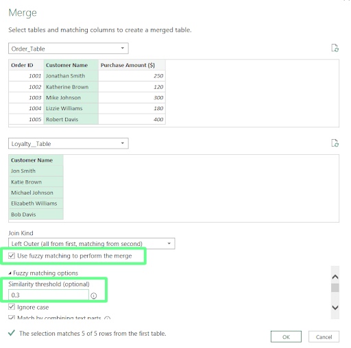 merging the table using fuzzy match in Excel.